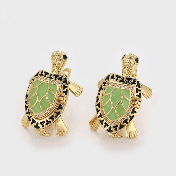 Locket Turtle Earrings 14k Gold Plated CZ Stone - Picture 6 of 11